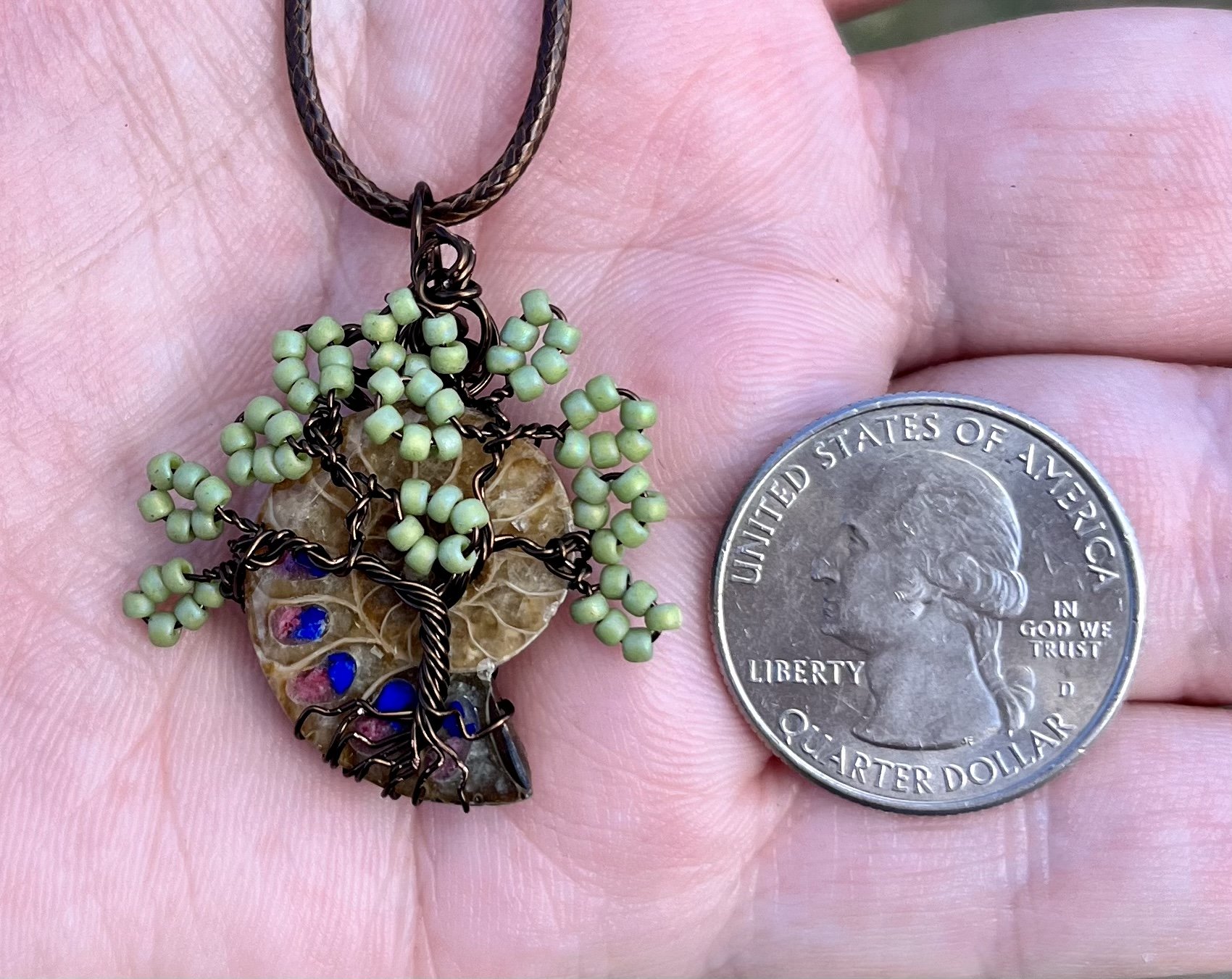 Lapis Lazuli and Rhodochrosite Inlayed Ammonite Tree Pendant