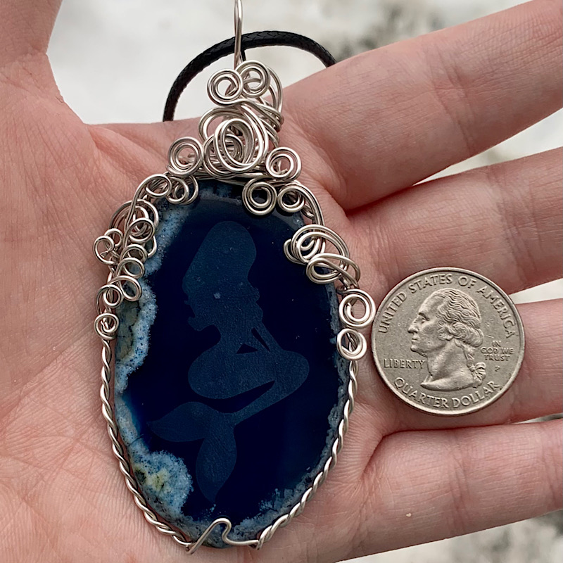 Blue Etched Mermaid Agate Slice Pendant