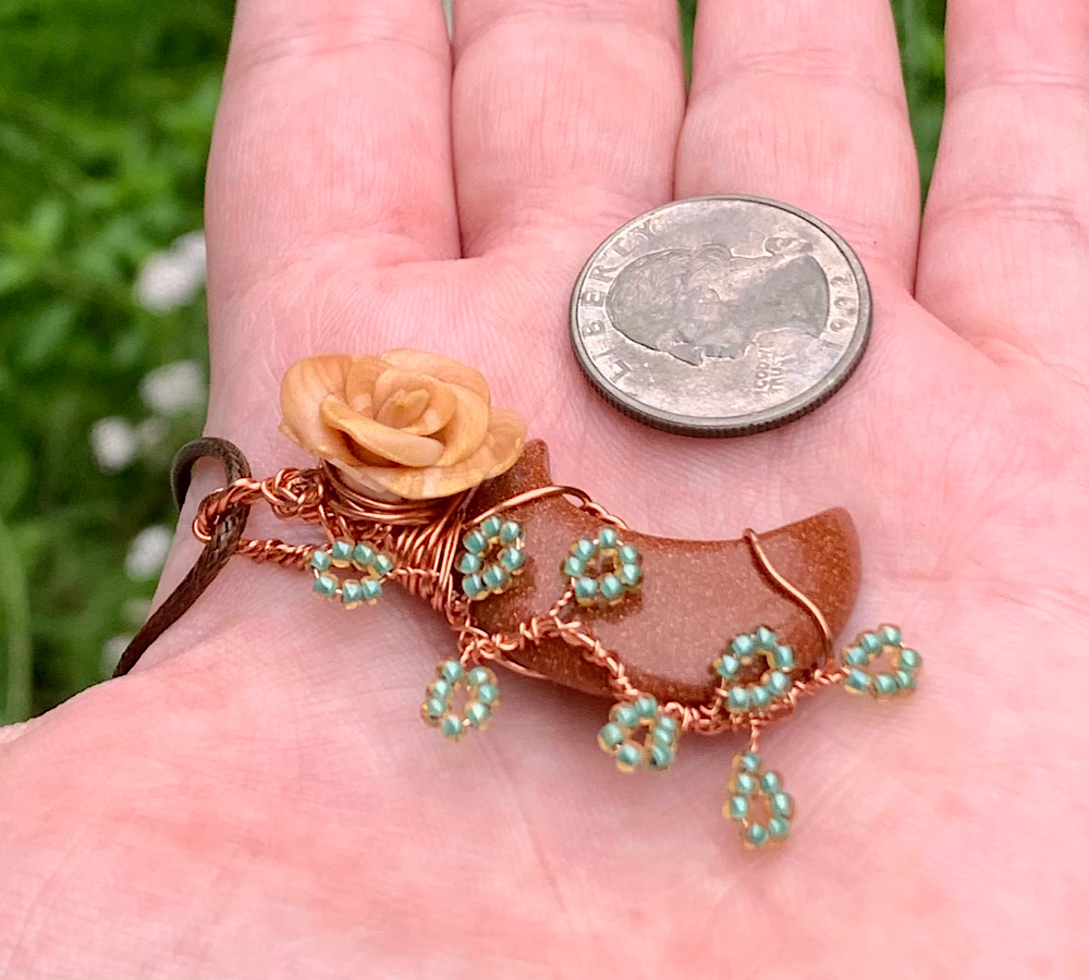 Goldstone Crescent Moon Rose Pendant
