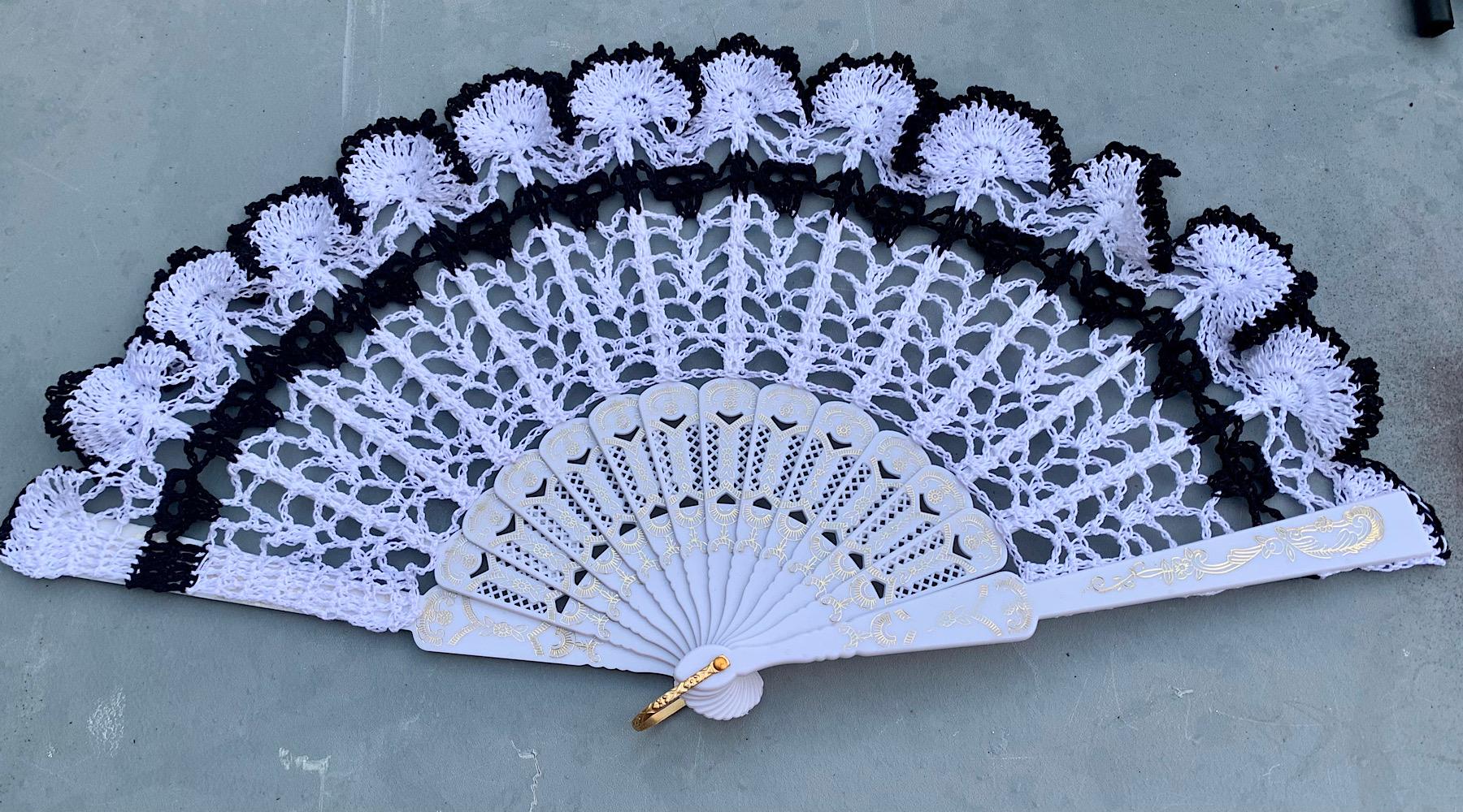 White and Black Crocheted Lace Skull Hand Fan