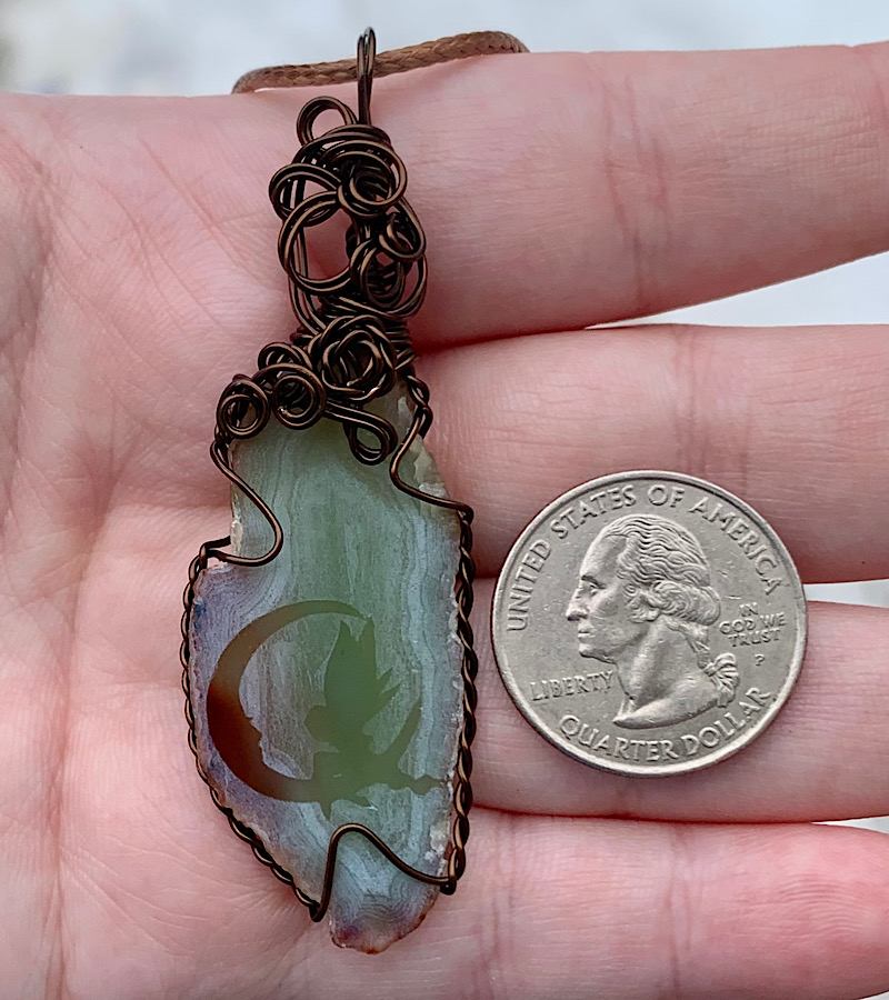 Green Etched Fairy on Crescent Moon Agate Slice Pendant
