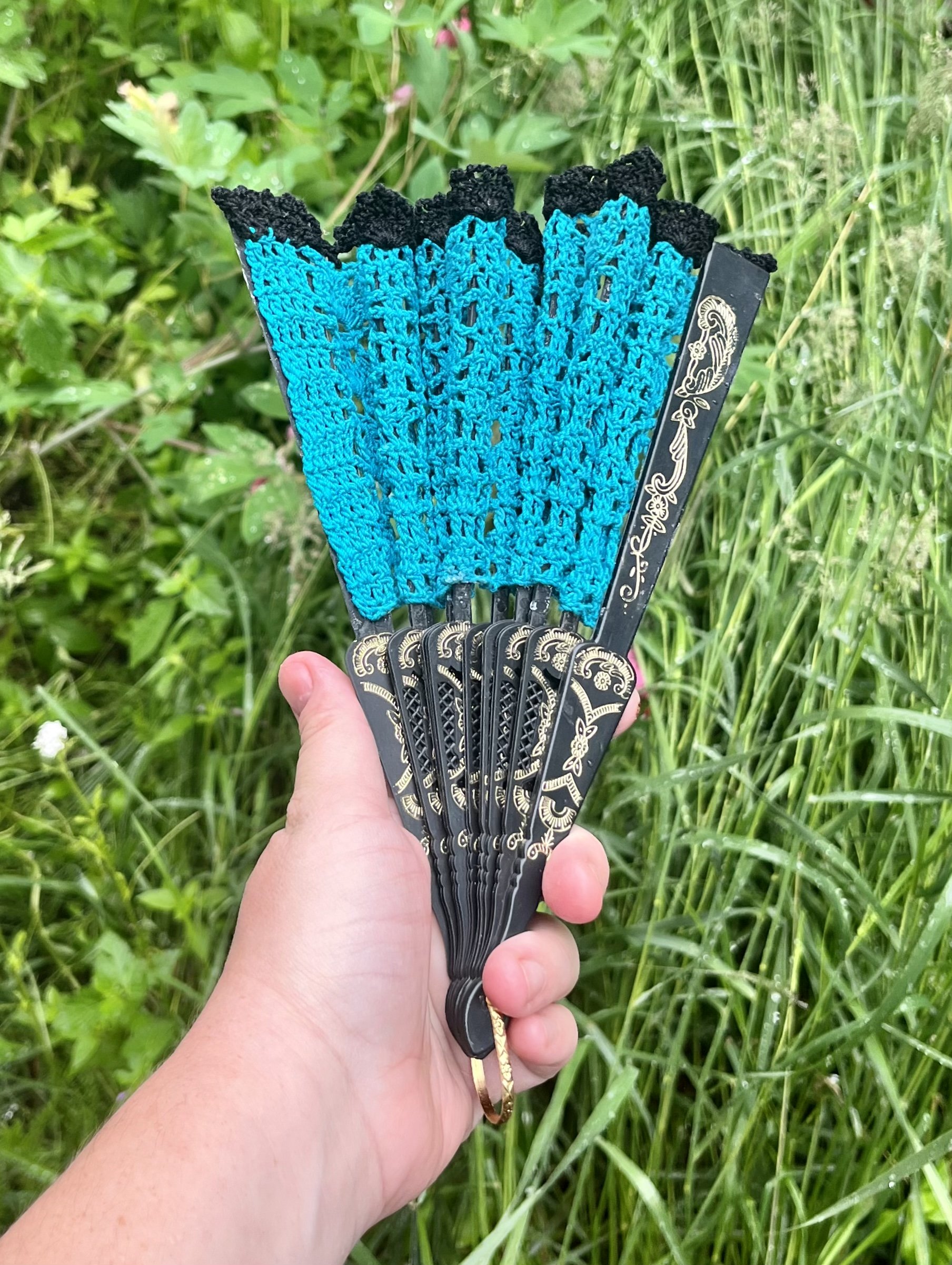 Teal and Black Floral Crocheted Hand Fan