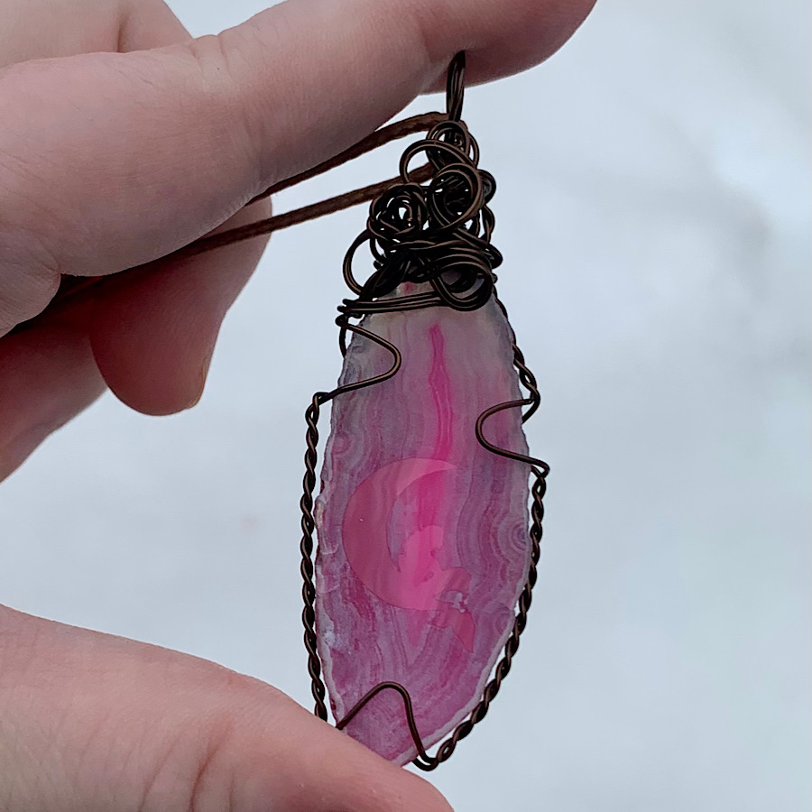 Pink Etched Mermaid on Crescent Moon Agate Slice Pendant