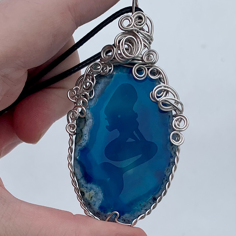 Blue Etched Mermaid Agate Slice Pendant