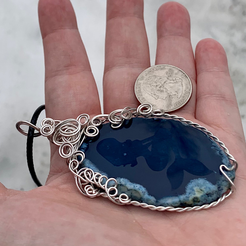 Blue Etched Mermaid Agate Slice Pendant