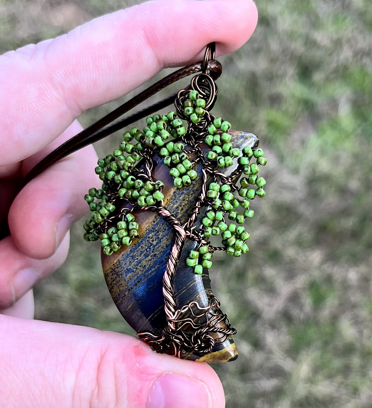 Tiger Iron Crescent Moon Tree Pendant