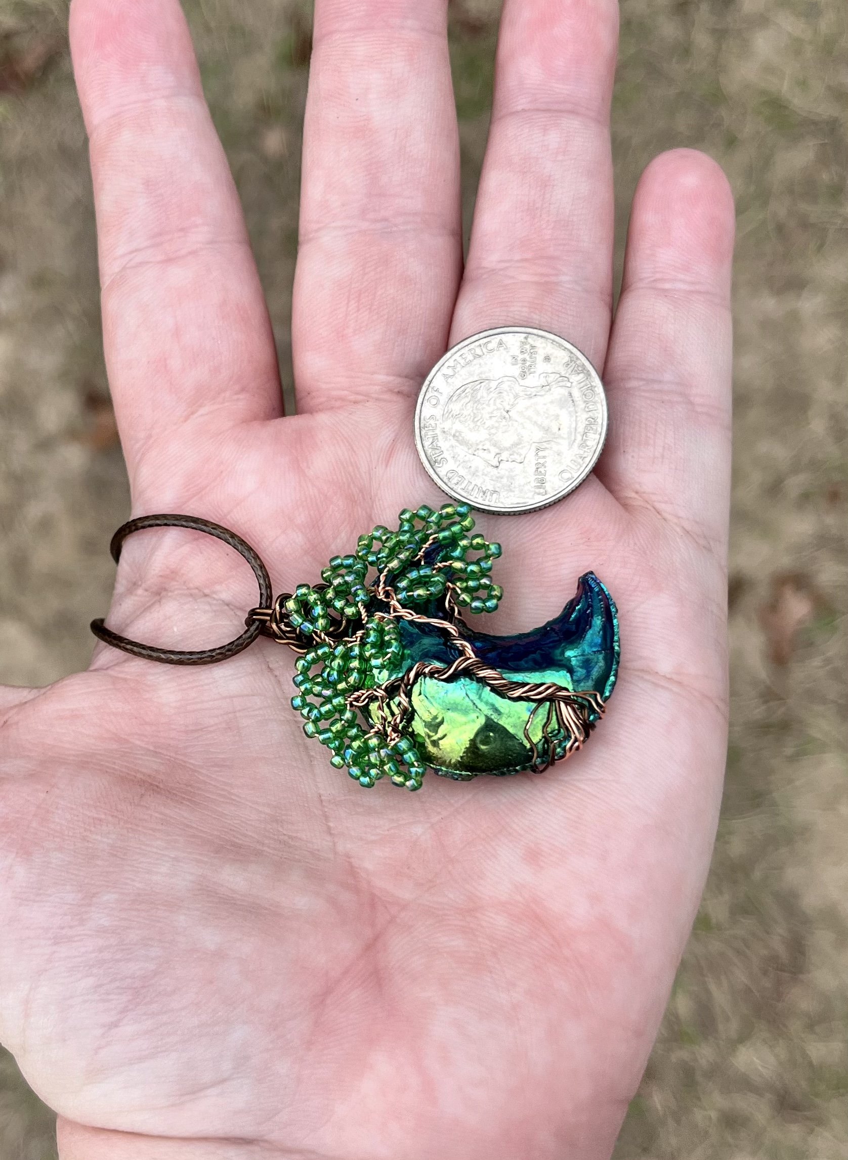 Titanium Coated Obsidian Moon Tree Pendant