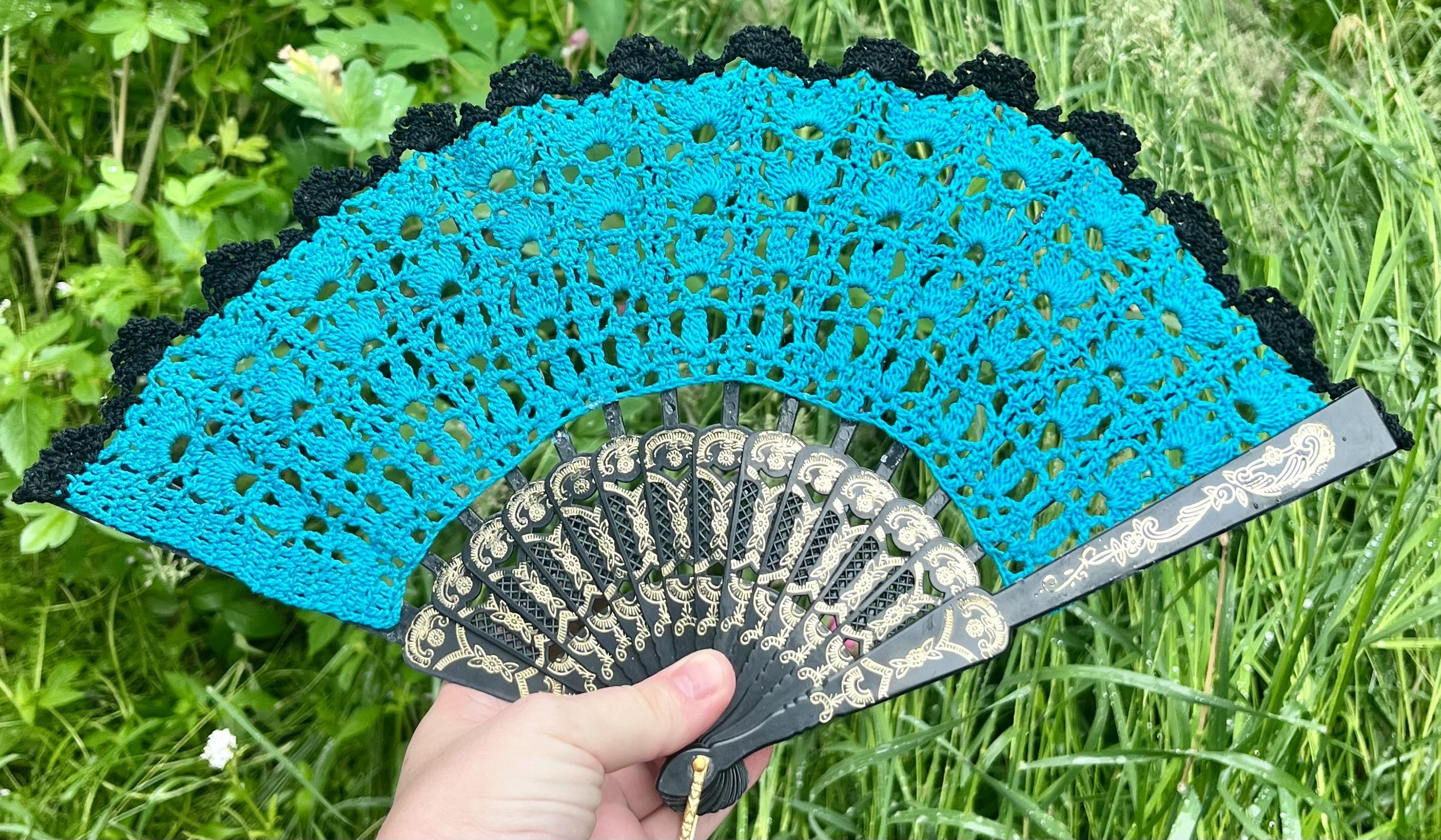 Teal and Black Floral Crocheted Hand Fan