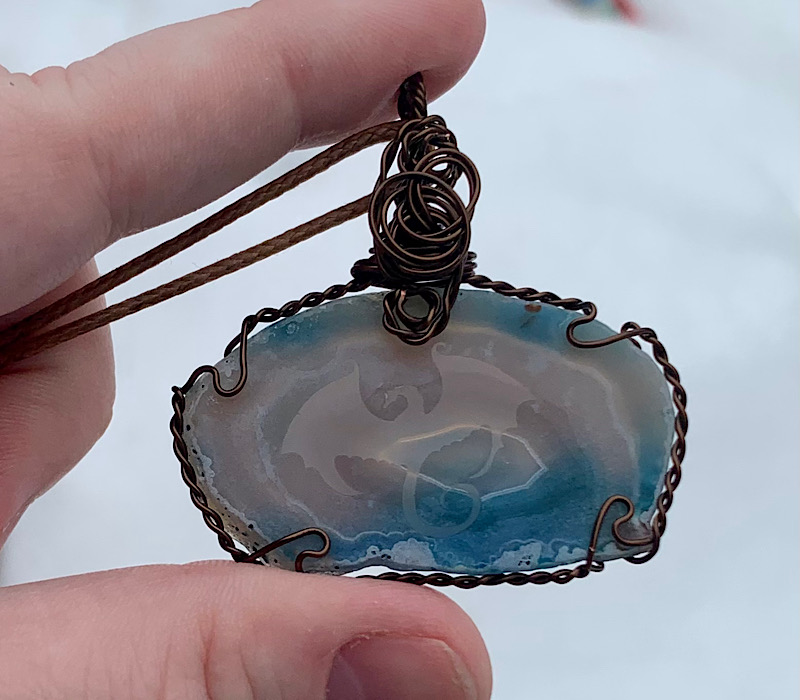 Blue Etched Dragon Agate Slice Pendant