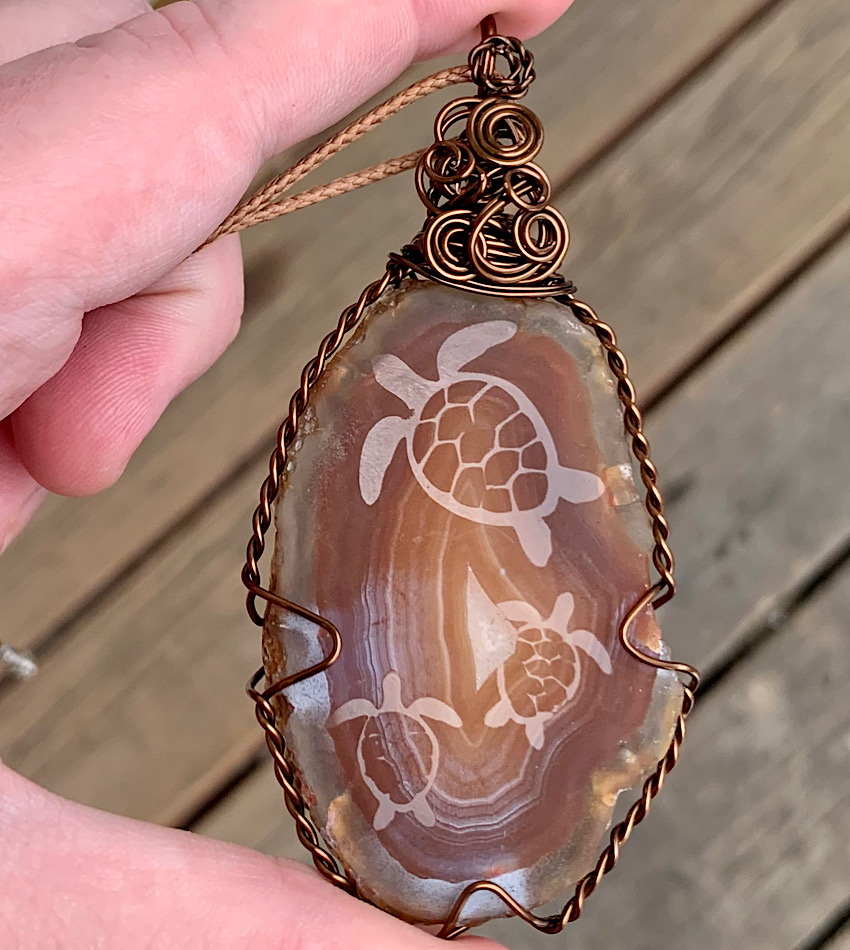 Brown Etched Turtles Agate Slice Pendant
