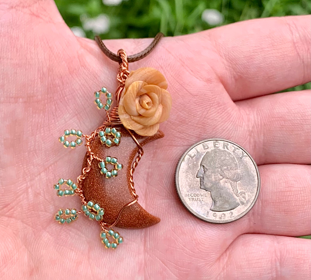 Goldstone Crescent Moon Rose Pendant