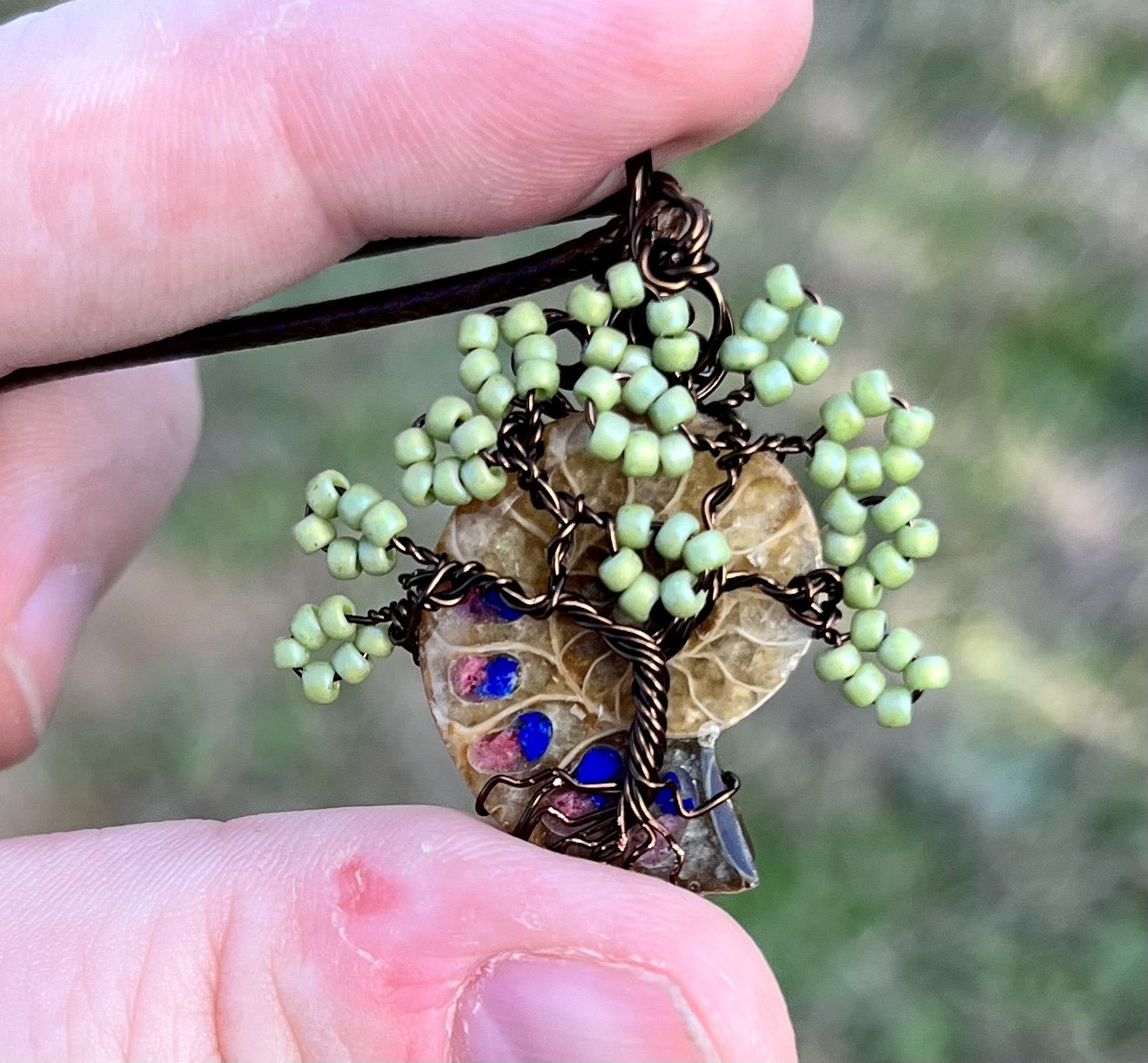 Lapis Lazuli and Rhodochrosite Inlayed Ammonite Tree Pendant