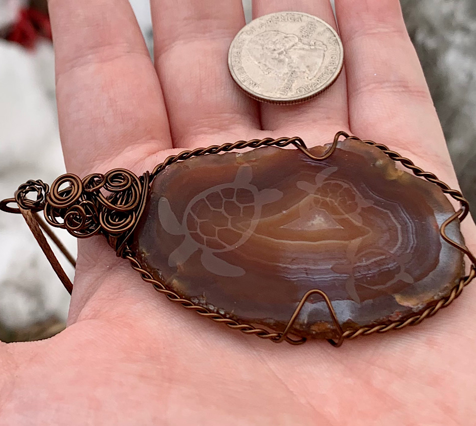 Brown Etched Turtles Agate Slice Pendant