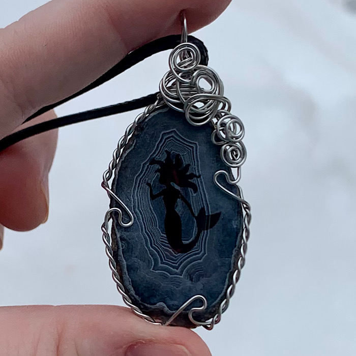 Black Etched Mermaid Agate Slice Pendant