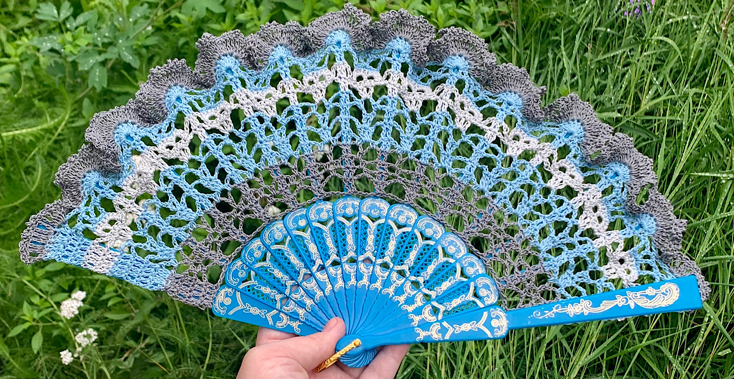 Blue and Grey Crocheted Lace Skull Hand Fan