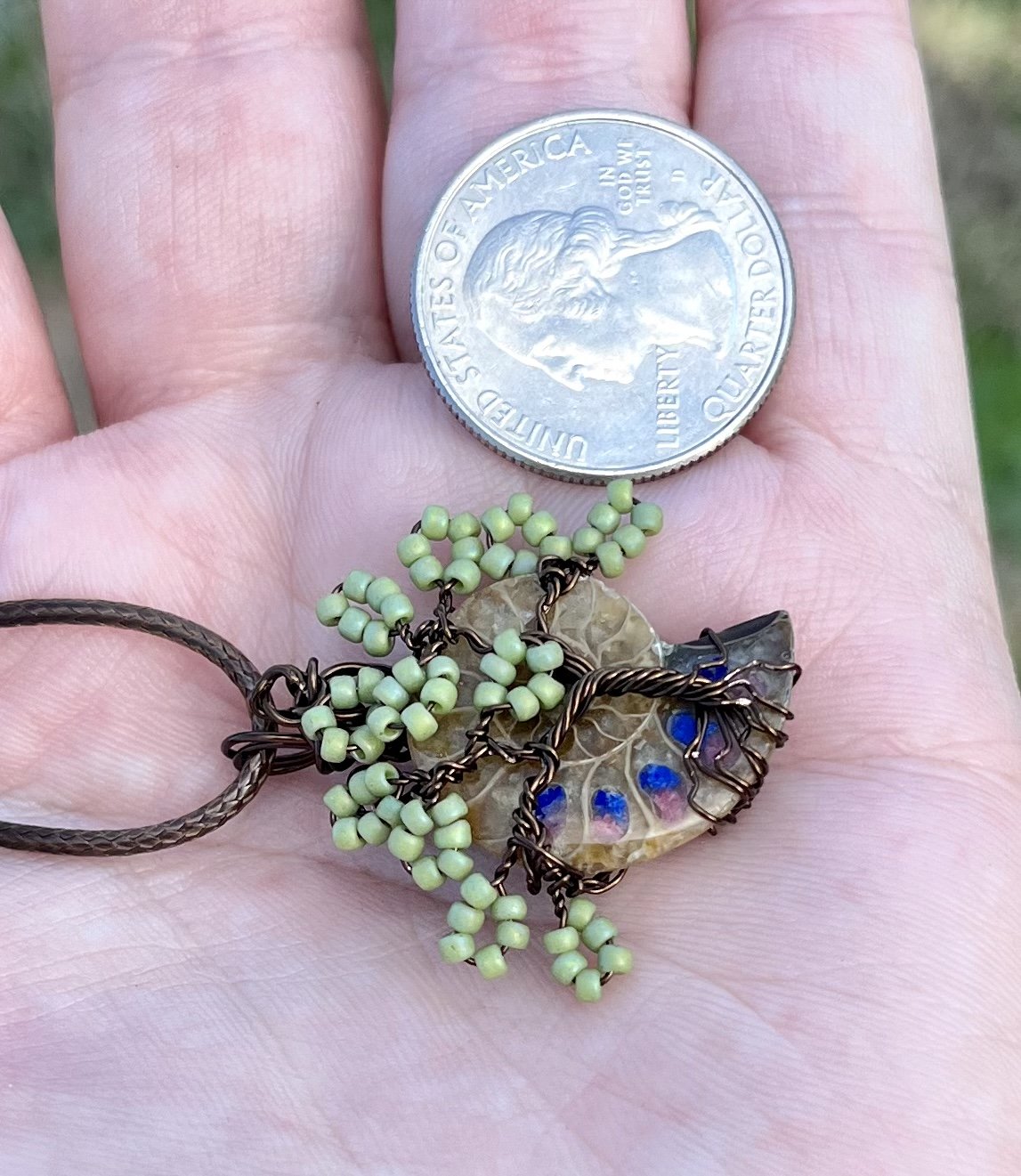 Lapis Lazuli and Rhodochrosite Inlayed Ammonite Tree Pendant