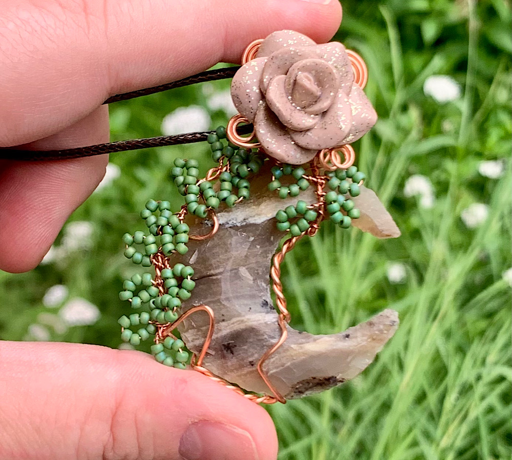 Jasper Crescent Moon Rose Pendant
