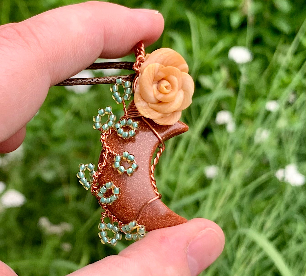 Goldstone Crescent Moon Rose Pendant