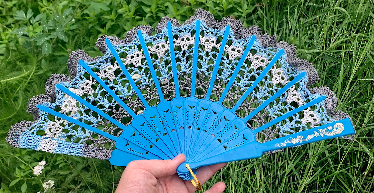 Blue and Grey Crocheted Lace Skull Hand Fan