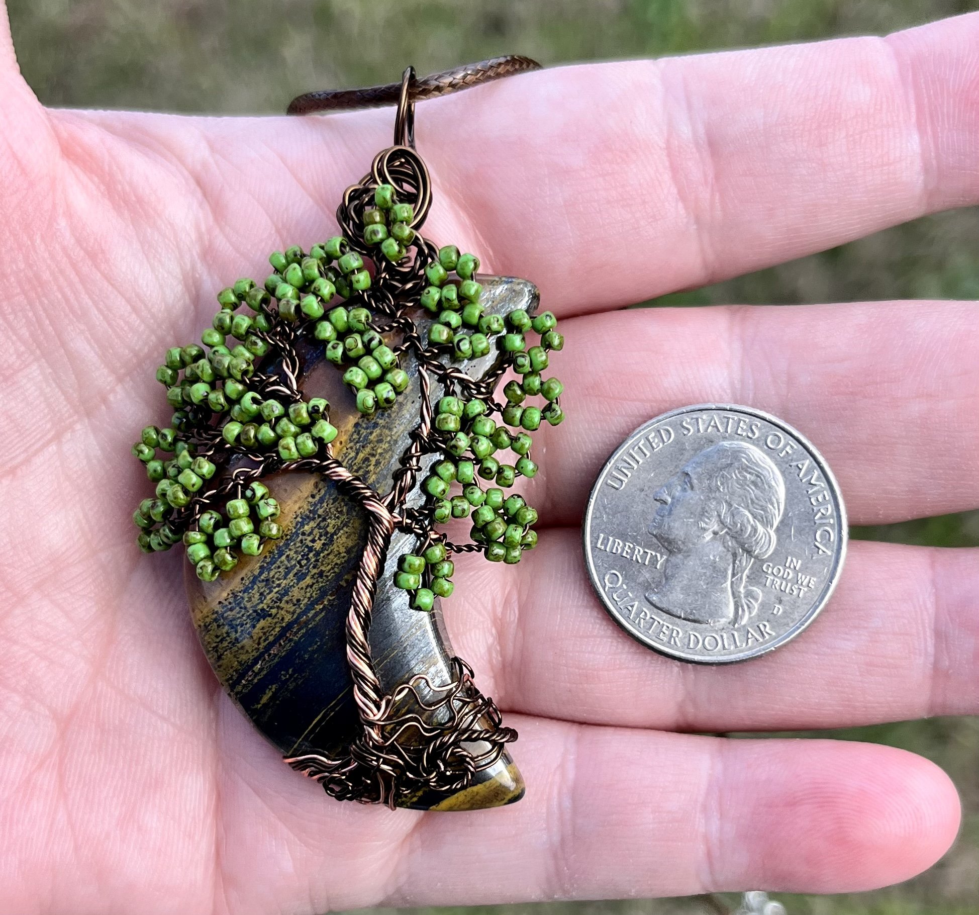 Tiger Iron Crescent Moon Tree Pendant