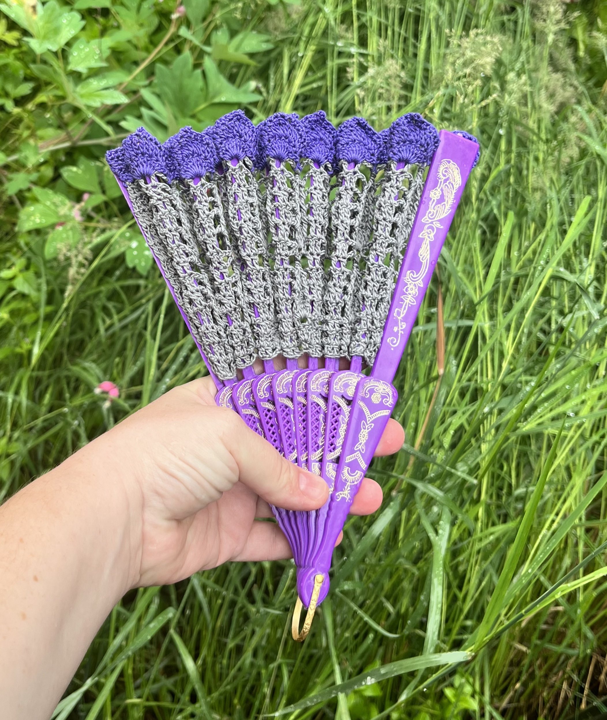 Purple And Grey Leaf Crocheted Hand Fan