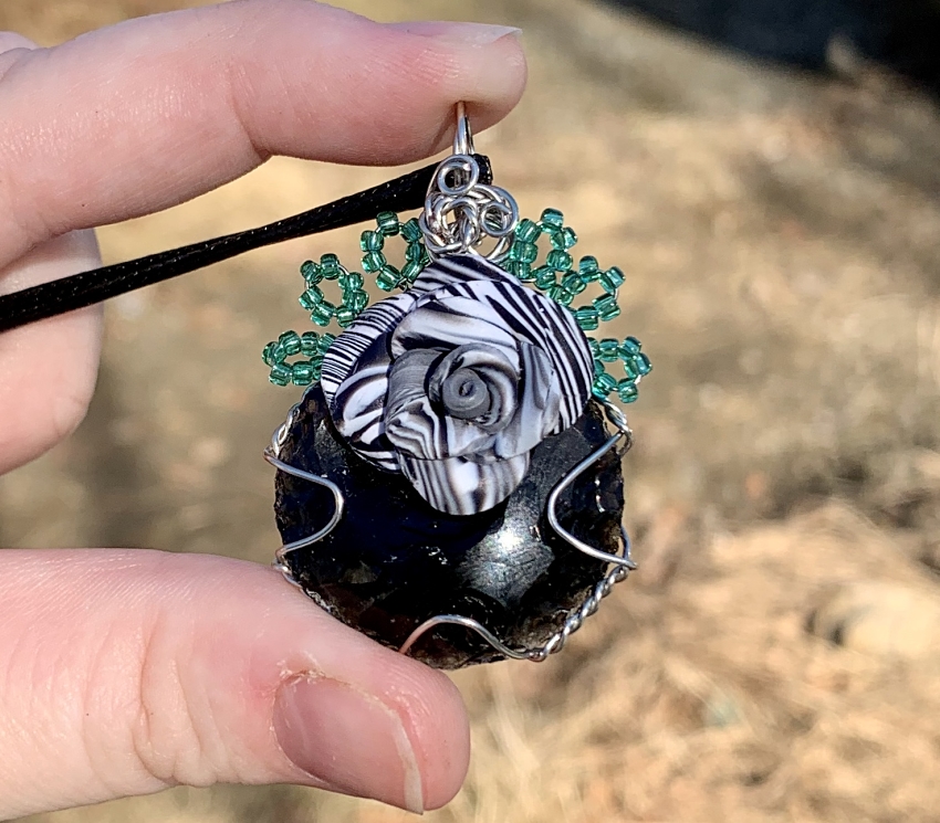 Black Obsidian Crescent Moon Floral Pendant