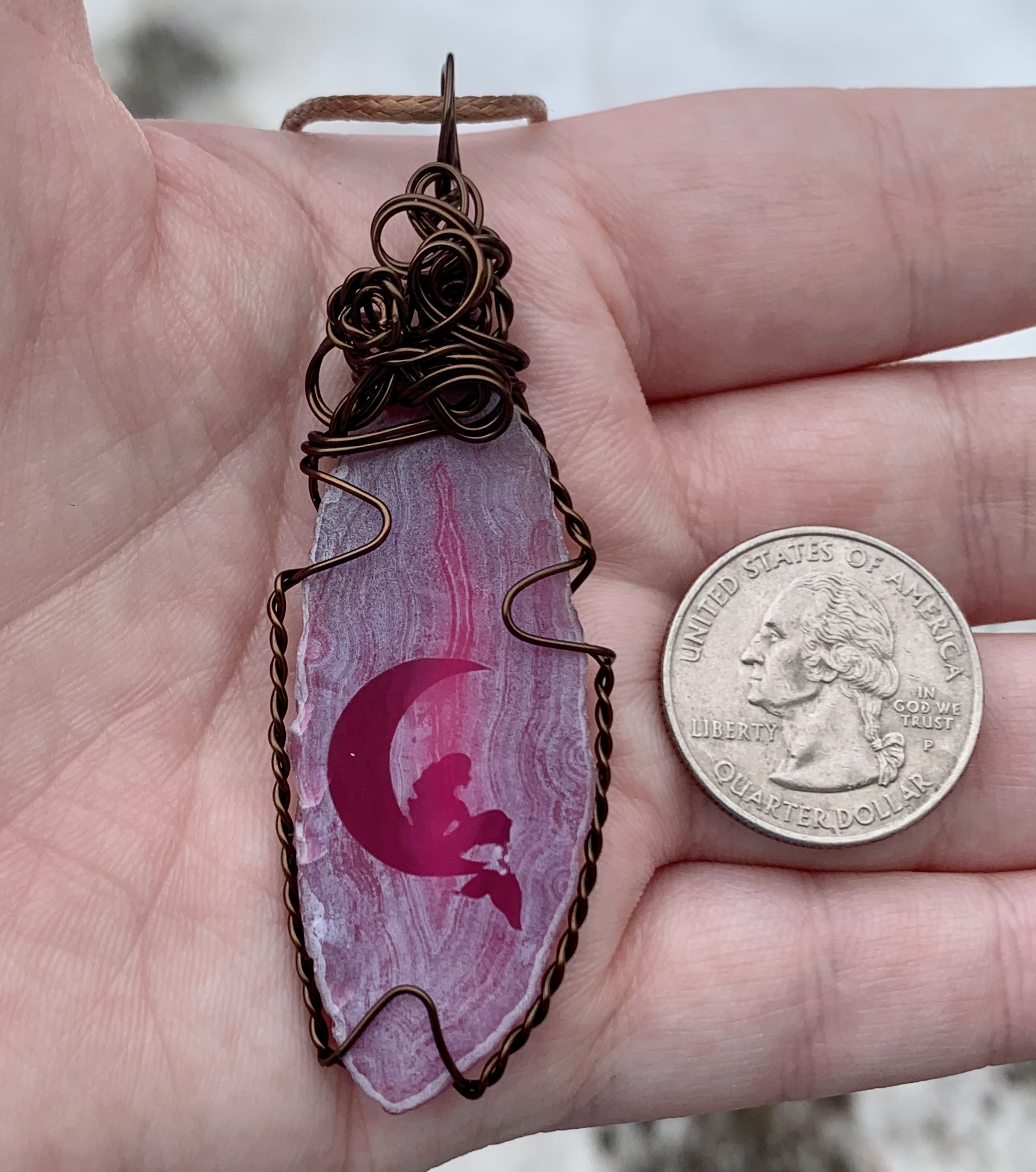Pink Etched Mermaid on Crescent Moon Agate Slice Pendant