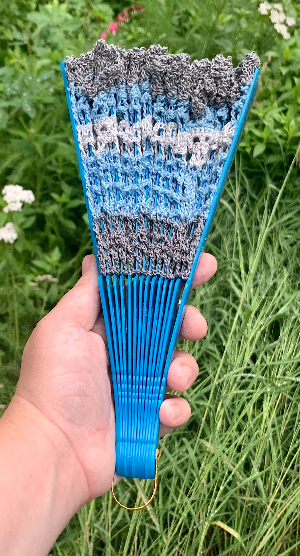 Blue and Grey Crocheted Lace Skull Hand Fan