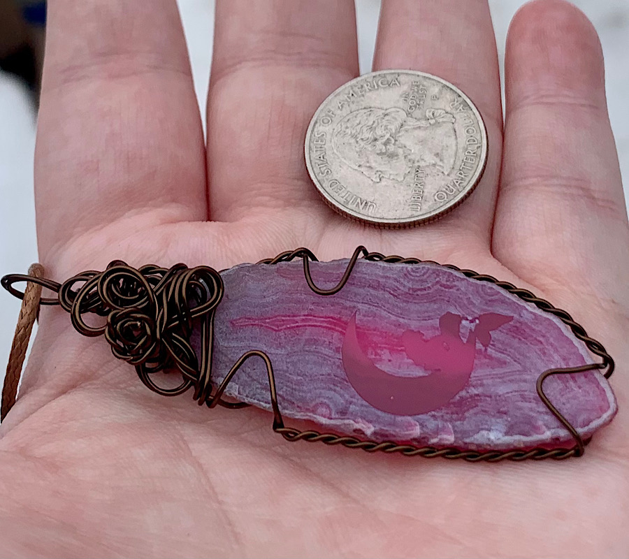 Pink Etched Mermaid on Crescent Moon Agate Slice Pendant
