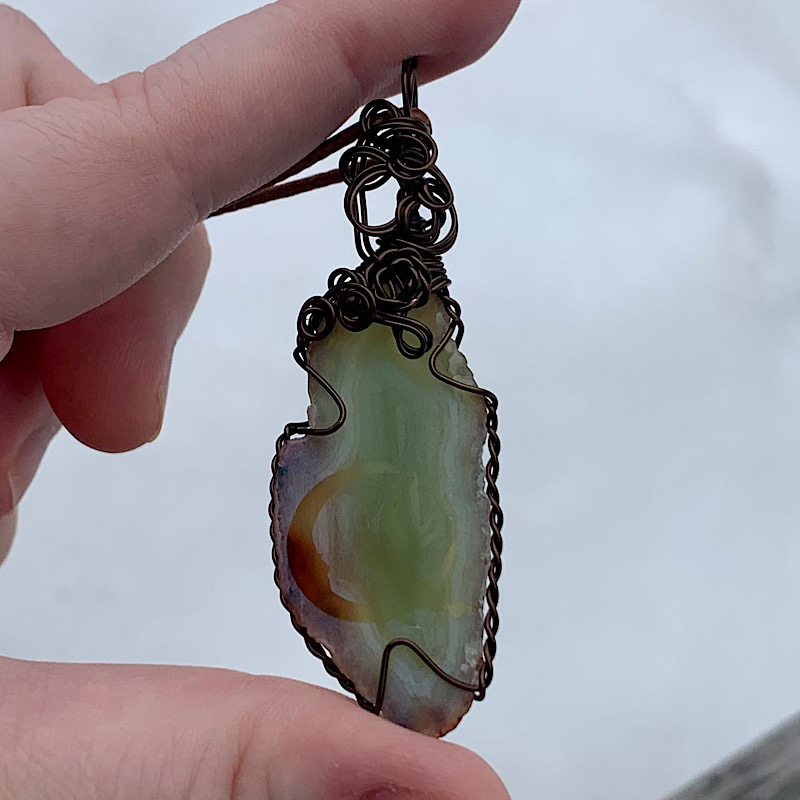 Green Etched Fairy on Crescent Moon Agate Slice Pendant