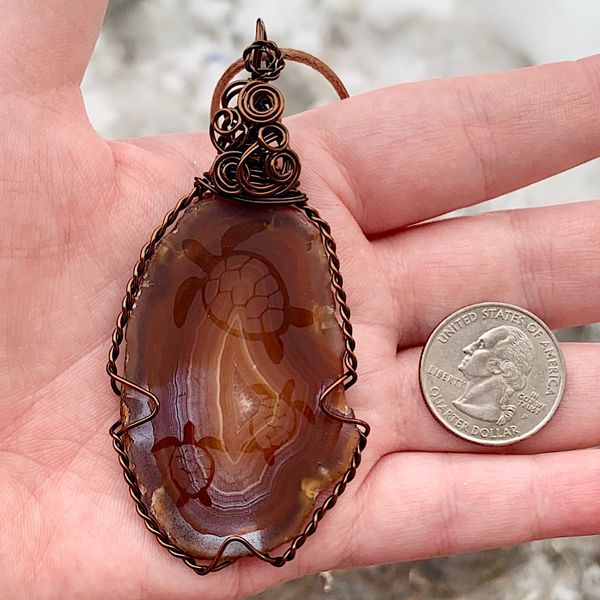Brown Etched Turtles Agate Slice Pendant