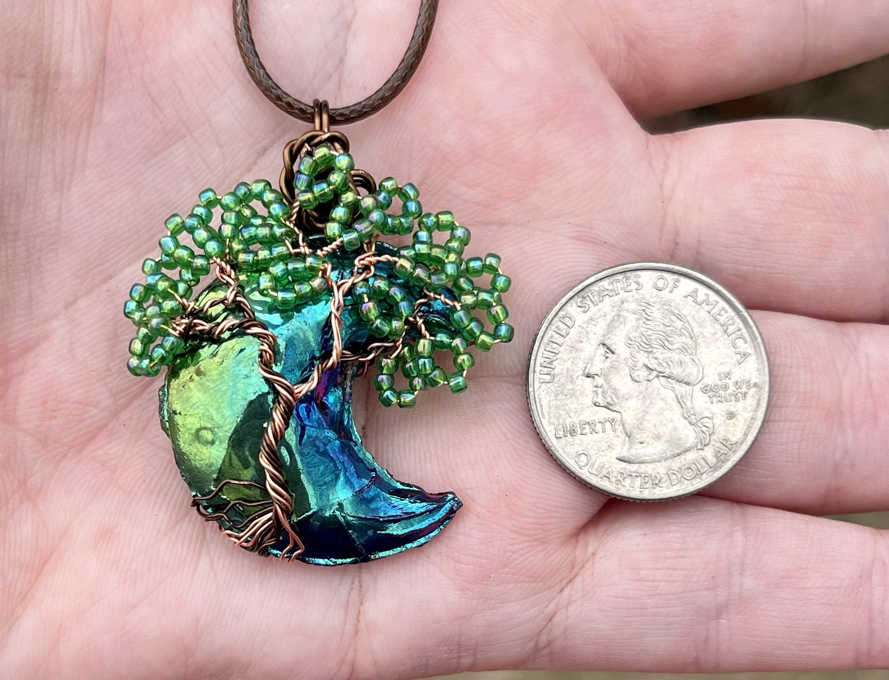 Titanium Coated Obsidian Moon Tree Pendant