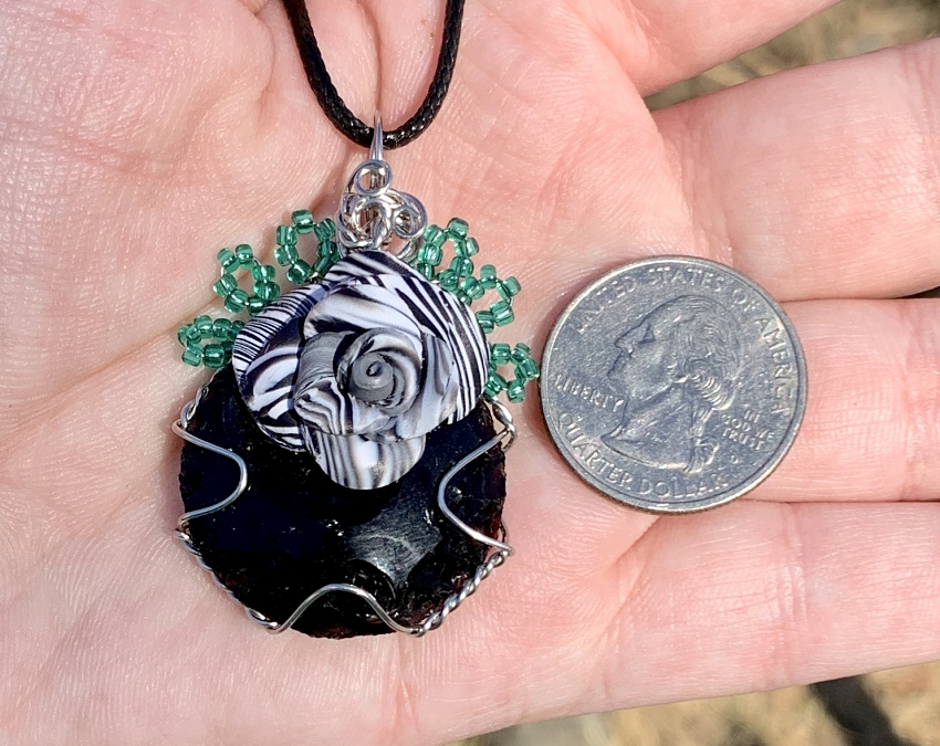Black Obsidian Crescent Moon Floral Pendant