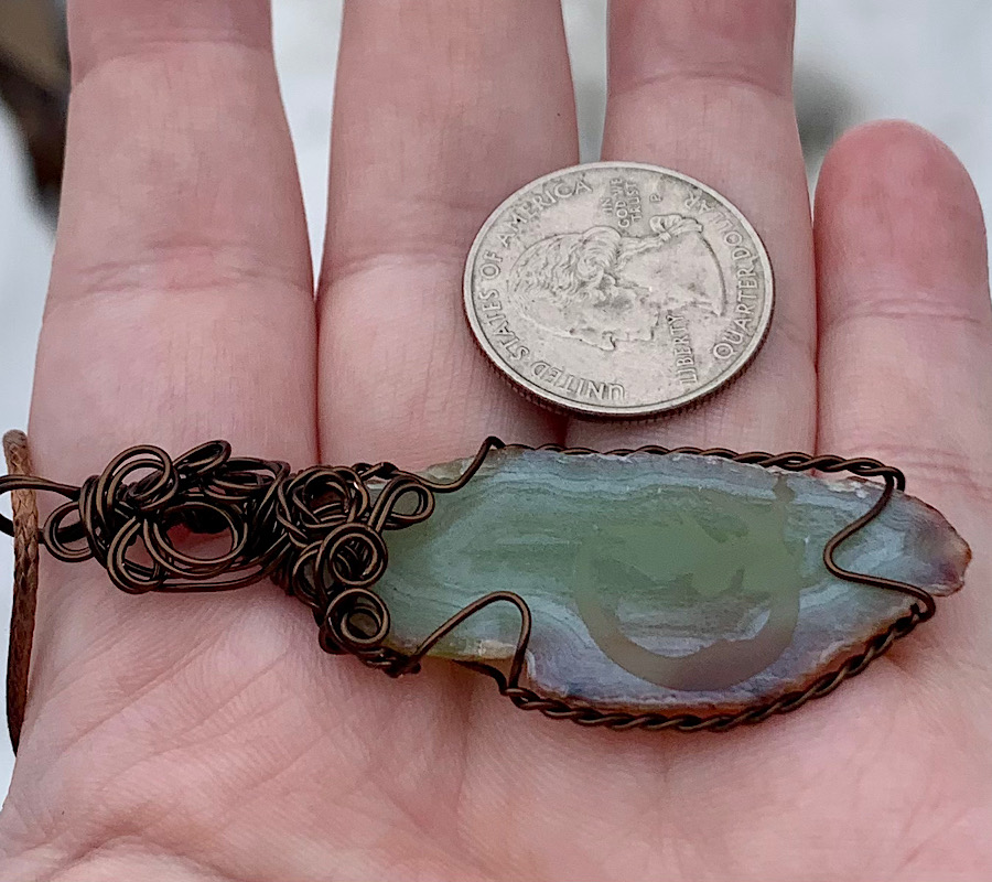 Green Etched Fairy on Crescent Moon Agate Slice Pendant