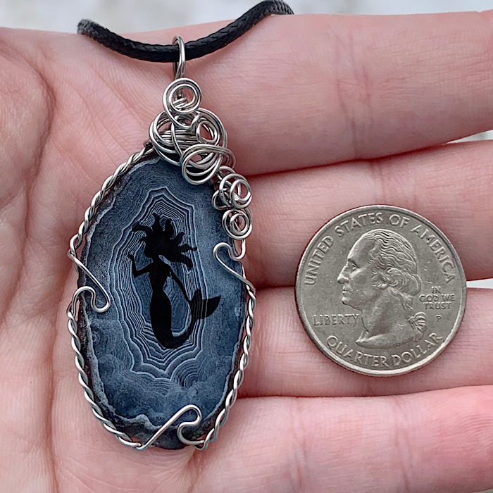 Black Etched Mermaid Agate Slice Pendant