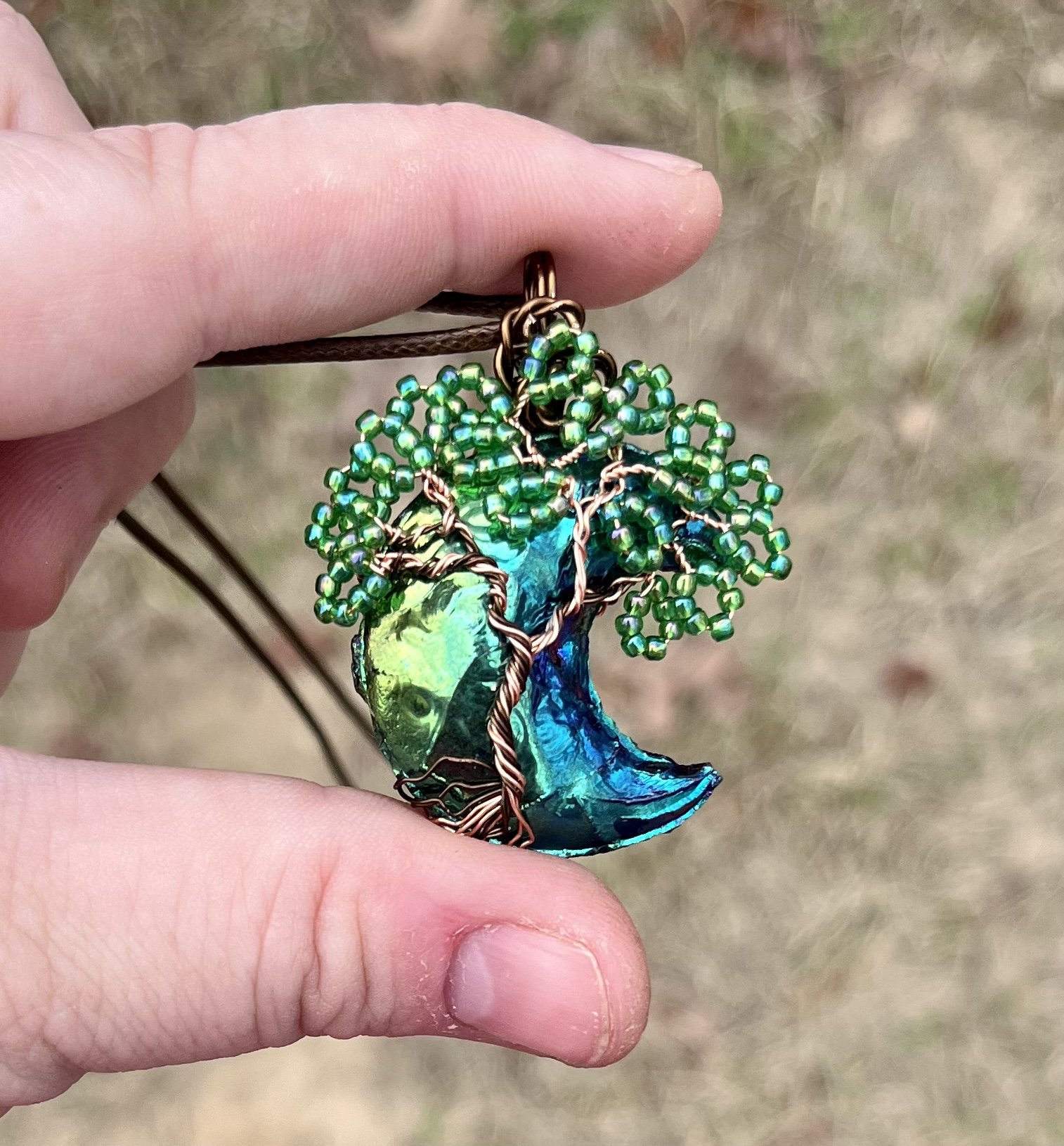 Titanium Coated Obsidian Moon Tree Pendant