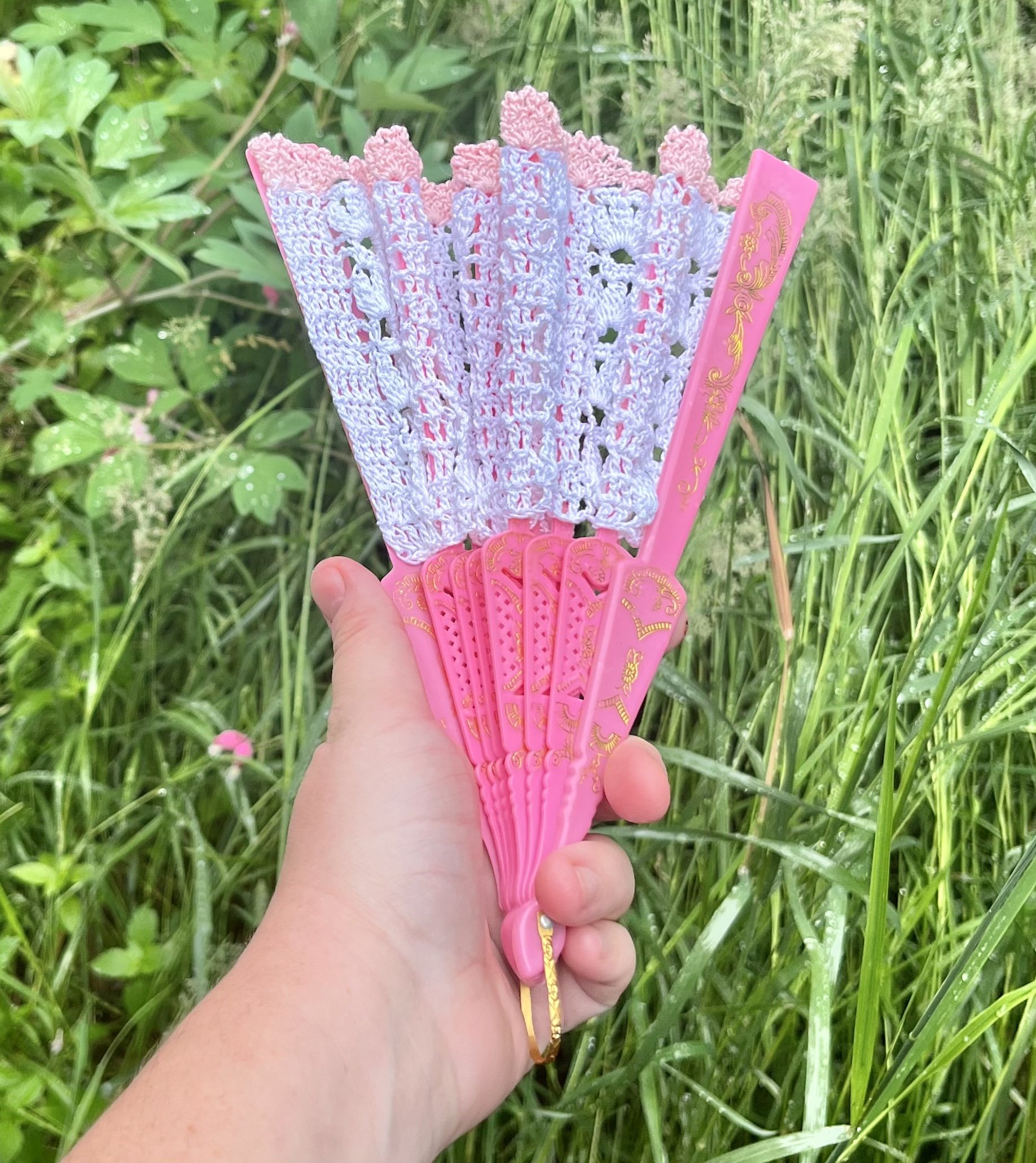 White and Pink Floral Crocheted Hand Fan