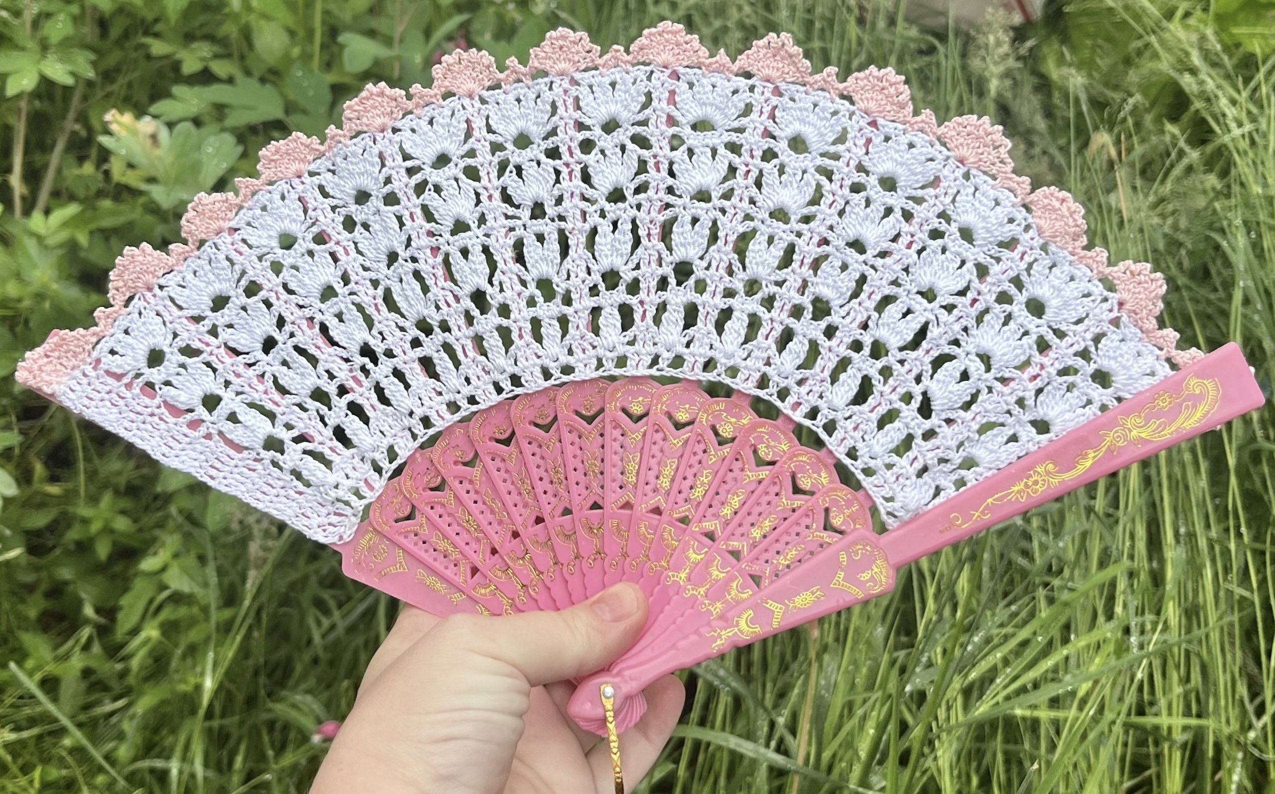 White and Pink Floral Crocheted Hand Fan