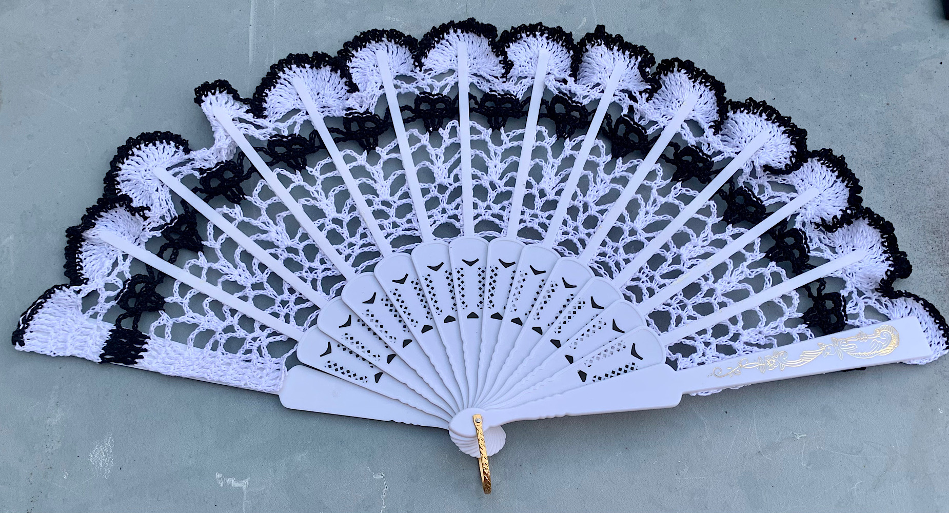 White and Black Crocheted Lace Skull Hand Fan