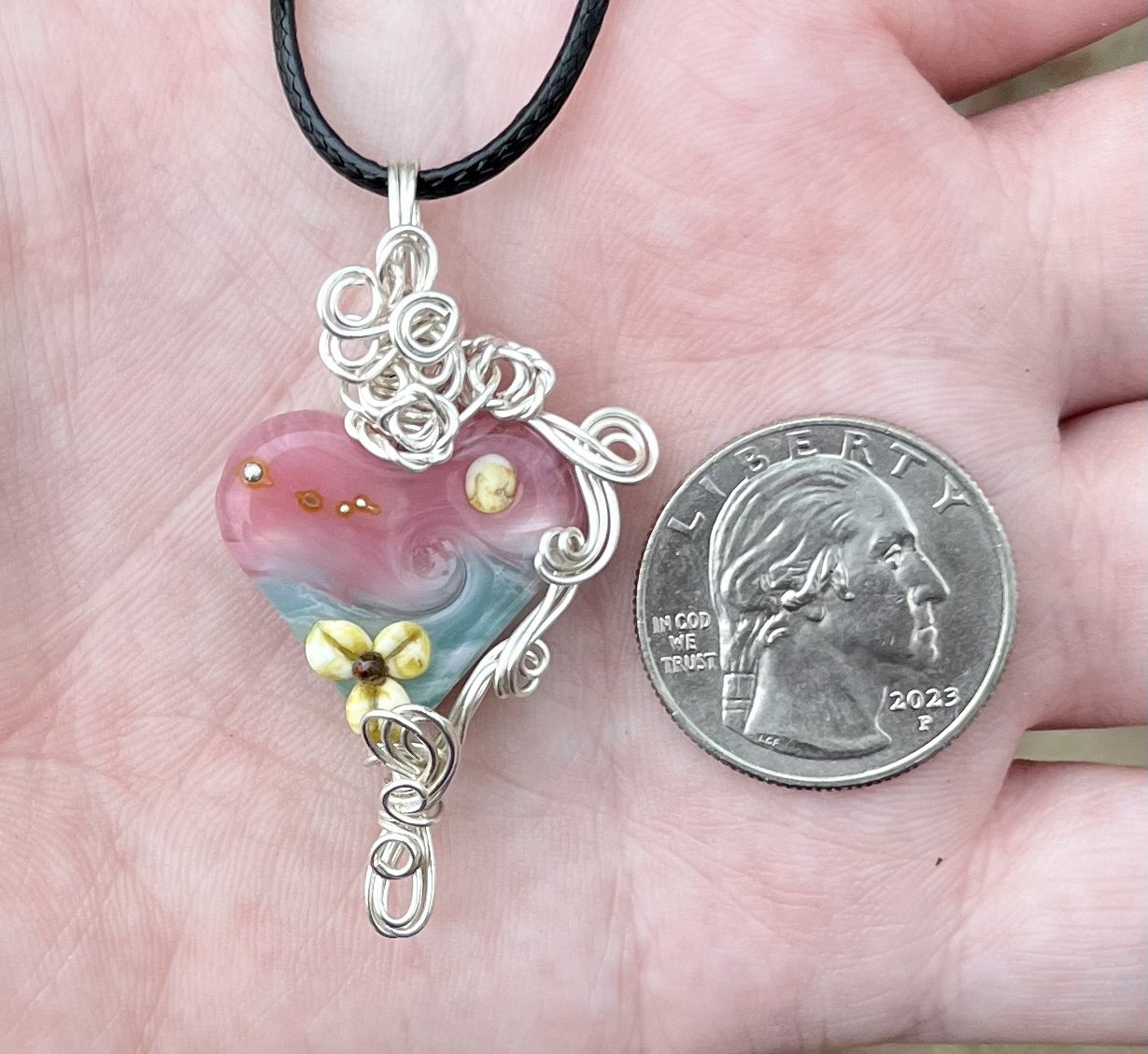 Floral Ocean Lamp Work Heart Pendant