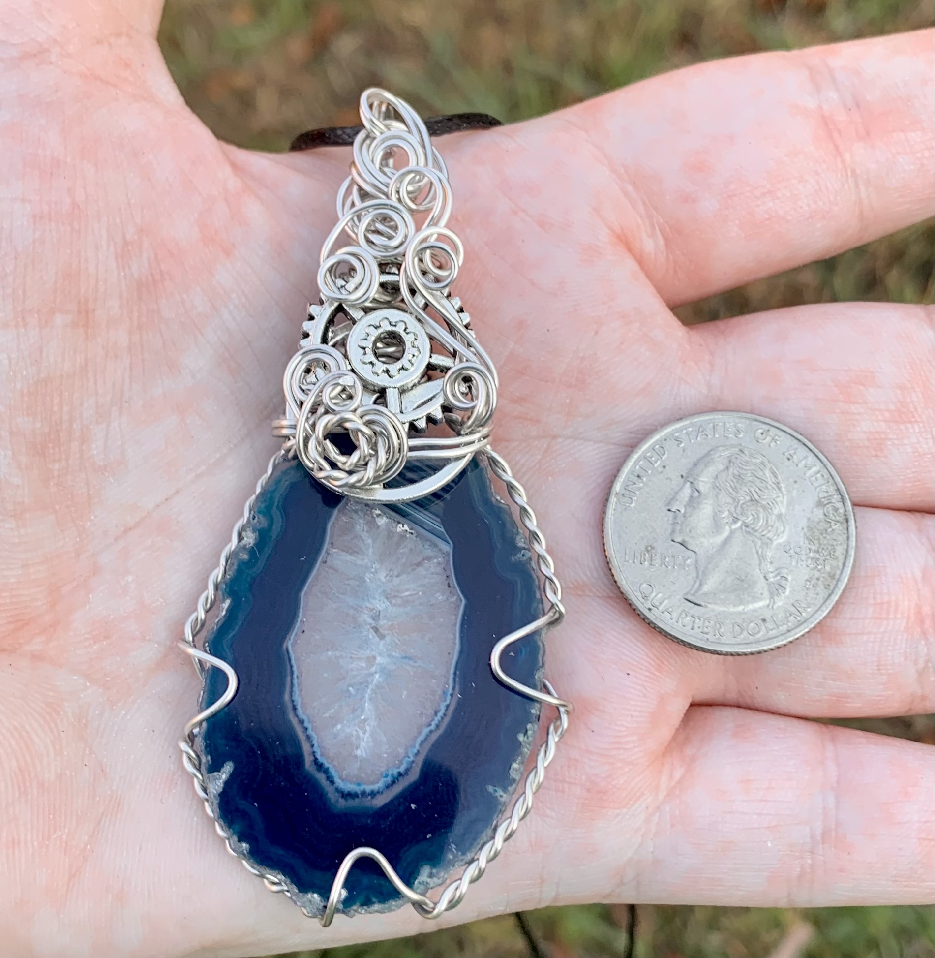 Blue Agate and Gear Pendant