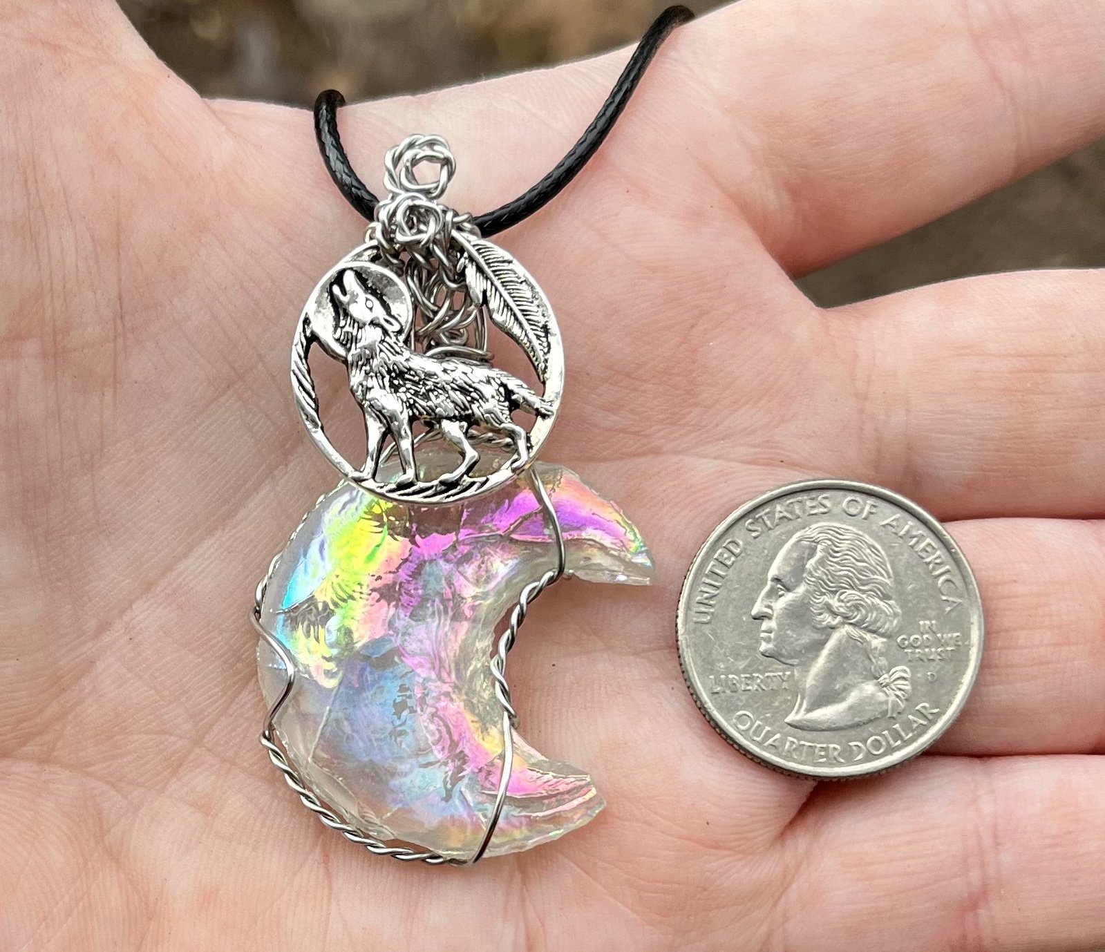Aura Quartz Wolf Moon Pendant